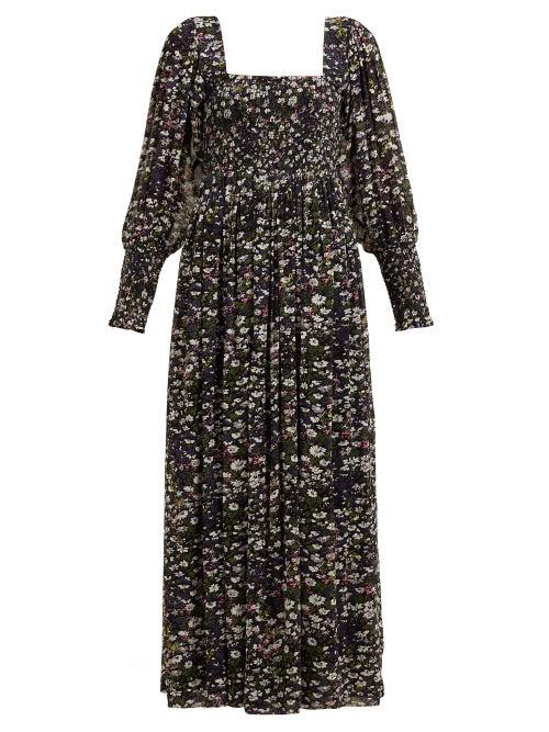 Matchesfashion.com Ganni - Shirred Floral Print Georgette Maxi Dress - Womens - Black Multi