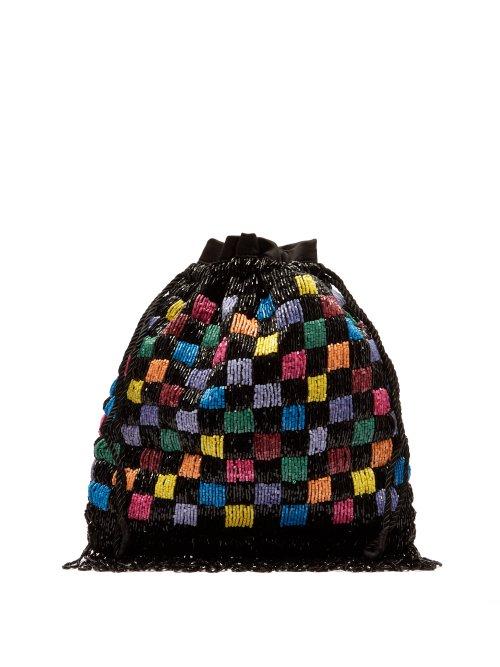 Matchesfashion.com Staud - Gabbi Check Beaded Drawstring Pouch - Womens - Black Multi