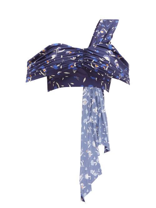 Matchesfashion.com Self-portrait - Botanical Print Draped Bikini Top - Womens - Navy Multi