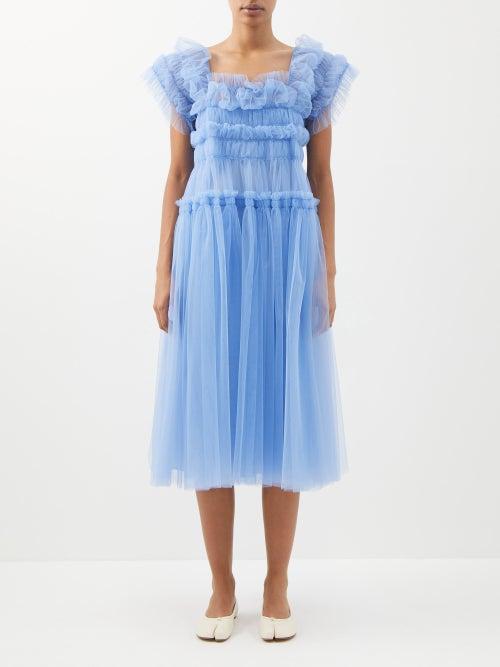 Molly Goddard - Jimmy Square-neck Tulle Midi Dress - Womens - Light Blue