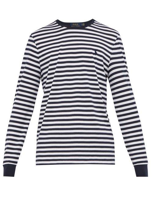 Matchesfashion.com Polo Ralph Lauren - Striped Logo Embroidered Cotton Jersey T Shirt - Mens - Navy White