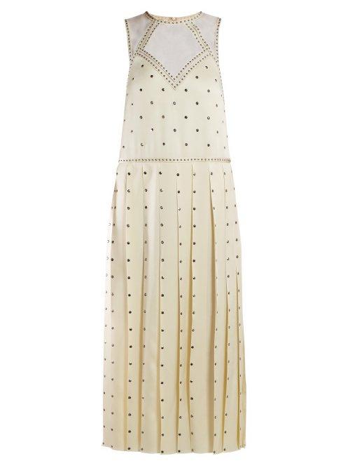 Matchesfashion.com Fendi - Studded Pleated Satin Midi Dress - Womens - Ivory