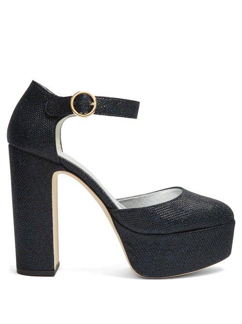 Matchesfashion.com Alexachung - Block Heel Lam Platform Pumps - Womens - Navy