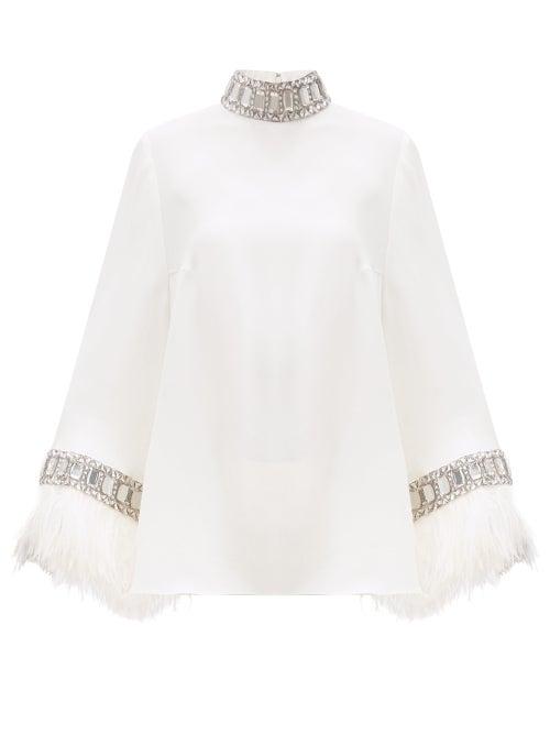 Matchesfashion.com Andrew Gn - Crystal & Ostrich Feather-trimmed Crepe Blouse - Womens - Ivory