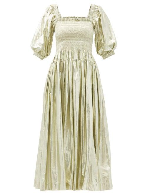 Matchesfashion.com Molly Goddard - Camilla Shirred Taffeta Midi Dress - Womens - Gold