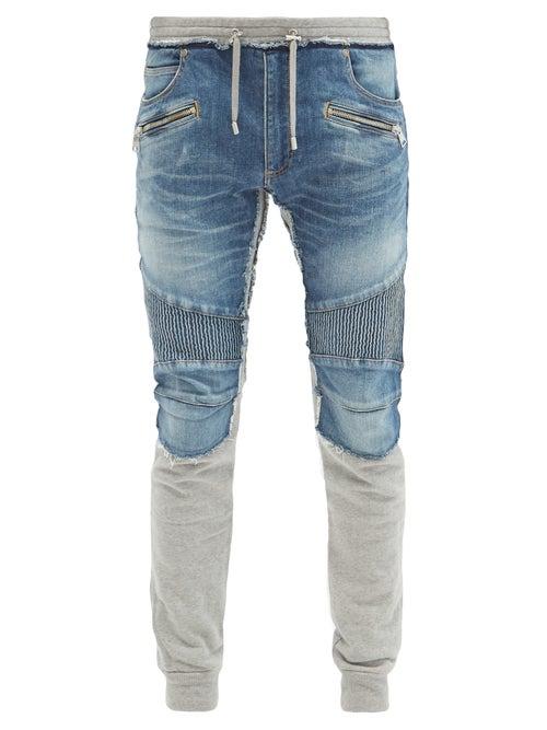 Matchesfashion.com Balmain - Denim-panelled Slim-fit Jersey Track Pants - Mens - Blue