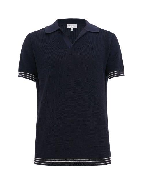 Matchesfashion.com Odyssee - Striped Trim Waffle Knit Polo Shirt - Mens - Navy Multi