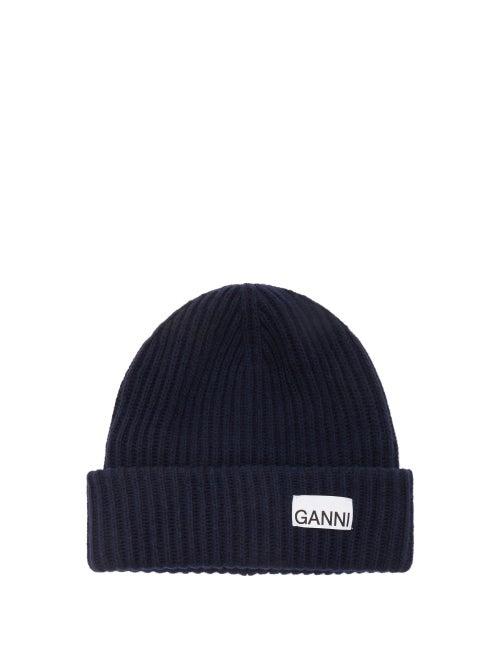 Ganni - Logo-patch Ribbed Wool-blend Beanie Hat - Womens - Dark Navy