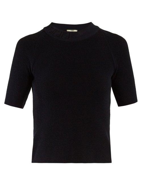 Matchesfashion.com Fendi - Logo Neck Rib Knit Top - Womens - Navy