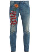 Matchesfashion.com Gucci - Snake And Flower Embroidered Tapered Leg Jeans - Mens - Blue