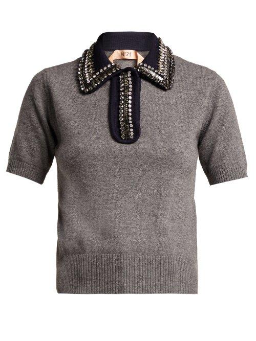 Matchesfashion.com No. 21 - Crystal Embellished Polo Sweater - Womens - Grey