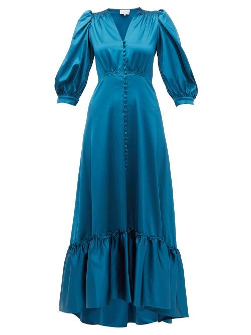 Matchesfashion.com Luisa Beccaria - V Neck Puff Sleeved Gathered Satin Dress - Womens - Blue