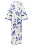 Andrew Gn - Coral-print Feather-embellished Silk-crepe Gown - Womens - White/blue