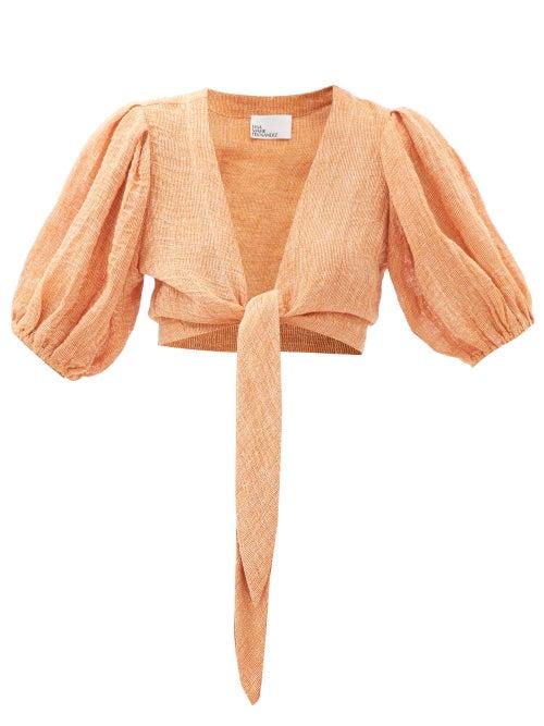 Matchesfashion.com Lisa Marie Fernandez - Pouf Puff-sleeved Cropped Linen-blend Blouse - Womens - Orange