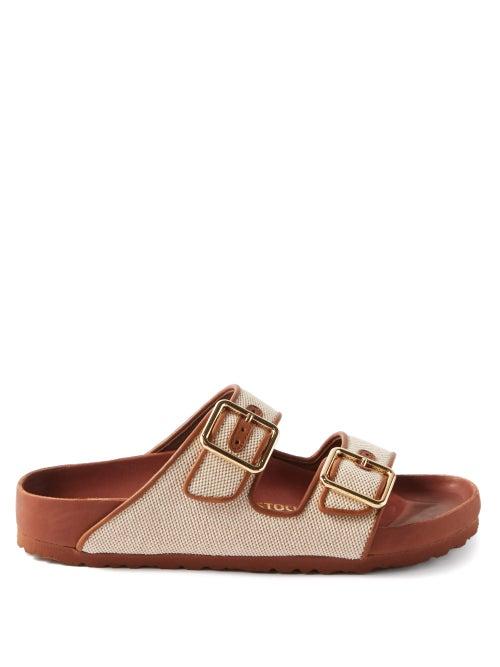 Birkenstock 1774 - 1774 Arizona Buckled Canvas & Leather Slides - Womens - Tan