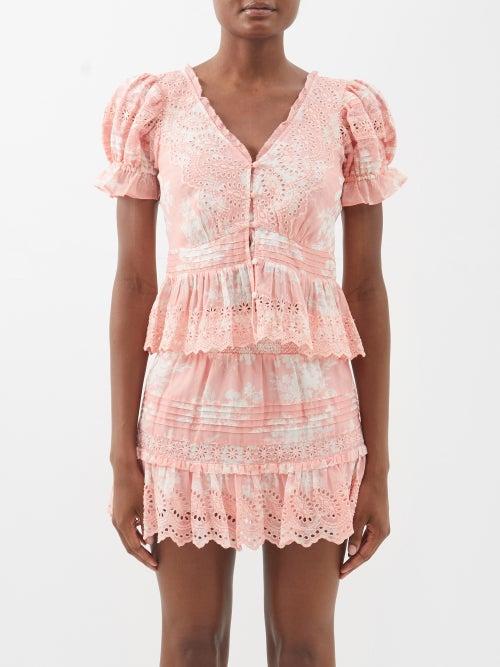 Loveshackfancy - Annalee Floral-print Broderie-anglaise Cotton Top - Womens - Coral White