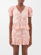 Loveshackfancy - Annalee Floral-print Broderie-anglaise Cotton Top - Womens - Coral White