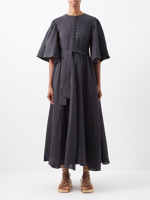 Fil De Vie - Ischia Ramie-cambric Midi Dress - Womens - Black