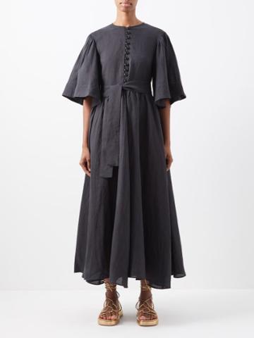 Fil De Vie - Ischia Ramie-cambric Midi Dress - Womens - Black