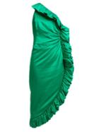 Matchesfashion.com Attico - One Shoulder Ruffle Trimmed Satin Dress - Womens - Green