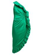 Matchesfashion.com Attico - One Shoulder Ruffle Trimmed Satin Dress - Womens - Green
