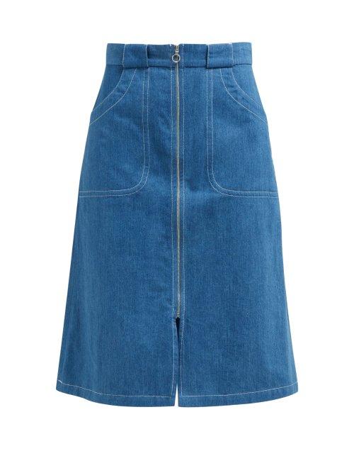Matchesfashion.com A.p.c. - Celeste Zip Front Denim Midi Skirt - Womens - Indigo