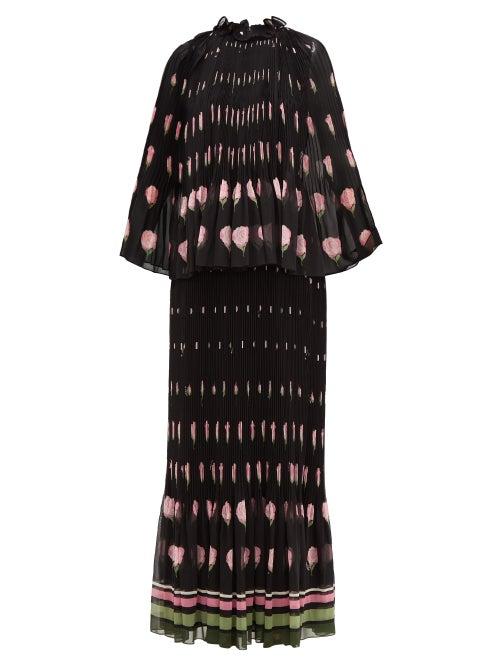 Matchesfashion.com Valentino - Rose-print Pliss Silk-chiffon Dress - Womens - Black Multi
