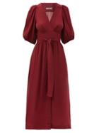 Matchesfashion.com Three Graces London - Fiona Puff-sleeve Poplin Midi Wrap Dress - Womens - Dark Red