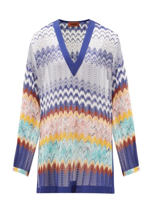 Matchesfashion.com Missoni - V-neck Zigzag Knitted Tunic Top - Womens - Blue Print
