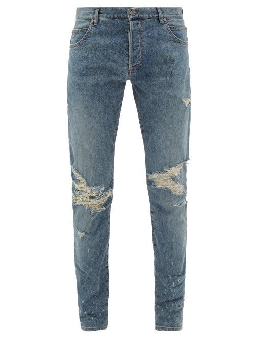Matchesfashion.com Balmain - Distressed Slim-leg Cotton-blend Jeans - Mens - Light Blue