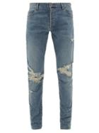 Matchesfashion.com Balmain - Distressed Slim-leg Cotton-blend Jeans - Mens - Light Blue