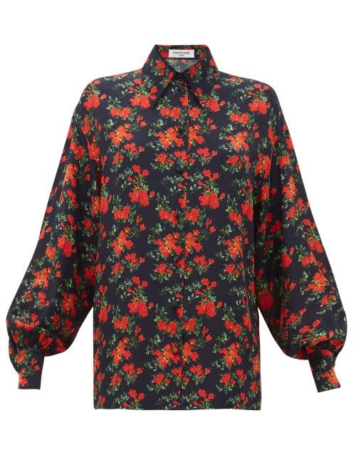 Matchesfashion.com Franoise - Floral Print Balloon Sleeve Silk Shirt - Womens - Navy Multi