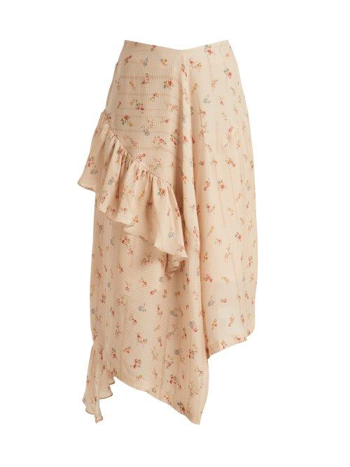 Matchesfashion.com Preen By Thornton Bregazzi - Jasmin Silk Ruffle Trim Midi Skirt - Womens - Ivory Multi