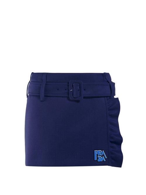 Matchesfashion.com Prada - Belted Ruffle Trimmed Mini Skirt - Womens - Blue
