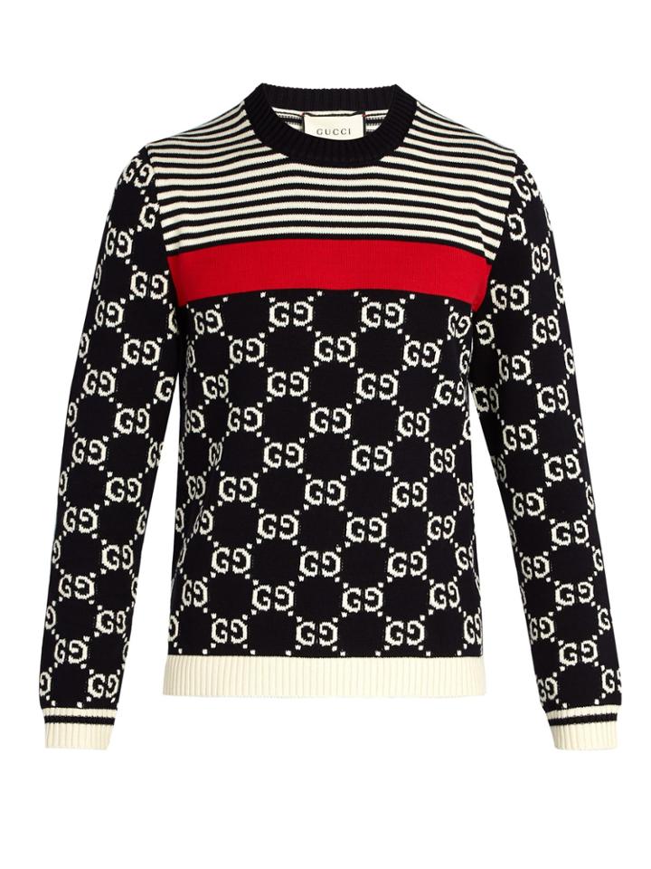 Gucci Gg-intarsia And Stripe Crew-neck Sweater