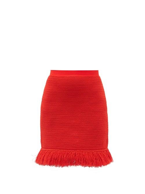 Matchesfashion.com Bottega Veneta - Fringed Knitted Cotton-blend Mesh Mini Skirt - Womens - Red