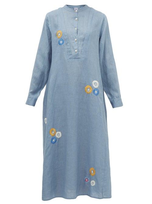 Matchesfashion.com Thierry Colson - Victoria Floral-embroidered Cotton Midi Dress - Womens - Blue Print