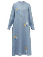 Matchesfashion.com Thierry Colson - Victoria Floral-embroidered Cotton Midi Dress - Womens - Blue Print