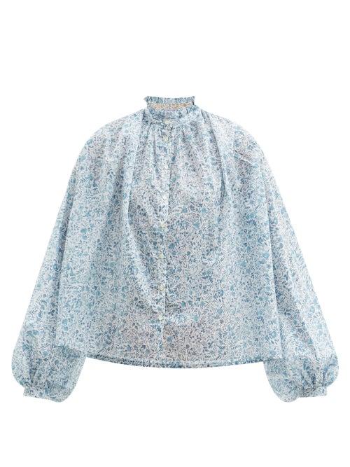 Matchesfashion.com Thierry Colson - Slava Gathered Floral-print Cotton-poplin Blouse - Womens - Blue Print