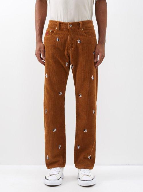 Icecream - Embroidered Cotton-corduroy Trousers - Mens - Brown