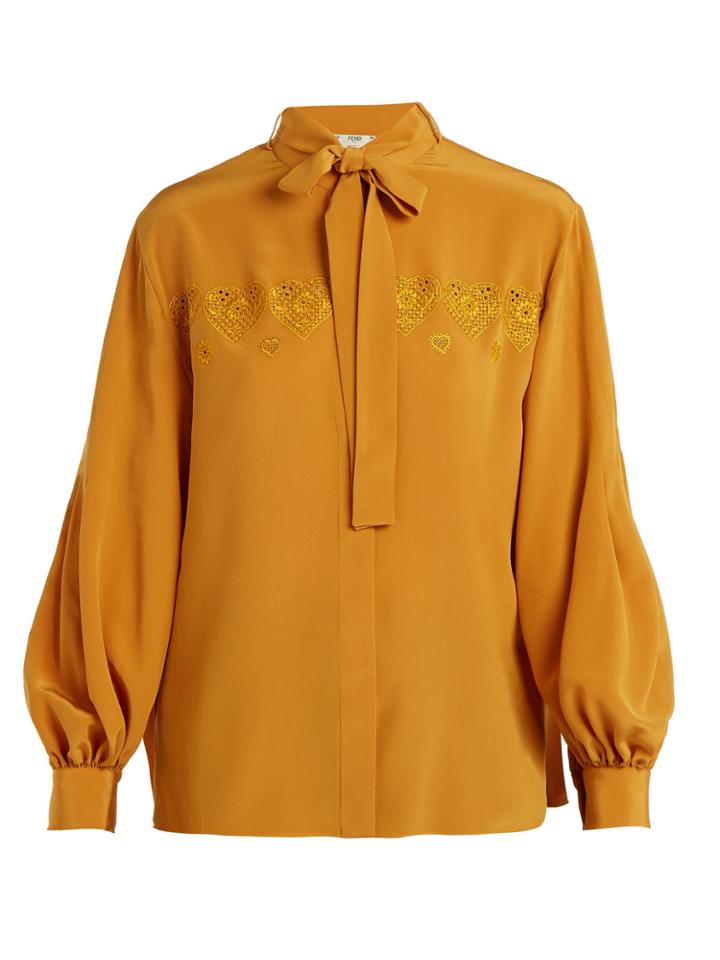 Fendi Heart-embroidered Tie-neck Silk Shirt