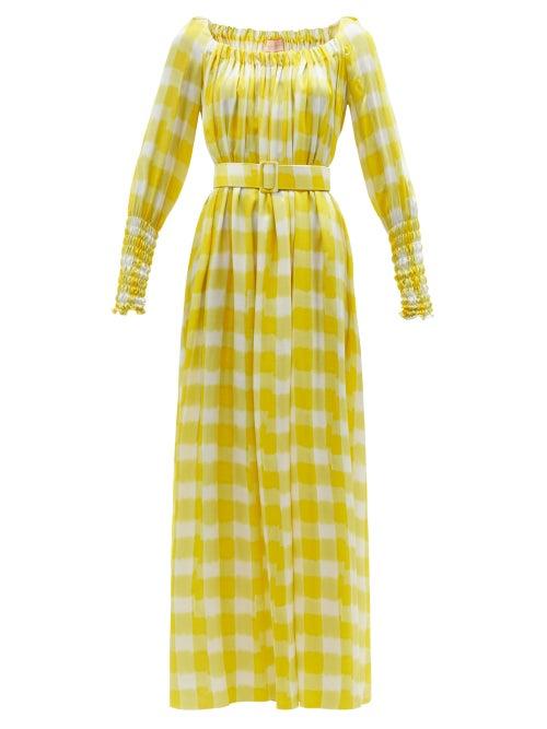 Ladies Rtw Marta Ferri - Check-print Gathered-faille Maxi Dress - Womens - Yellow White