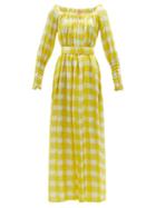 Ladies Rtw Marta Ferri - Check-print Gathered-faille Maxi Dress - Womens - Yellow White