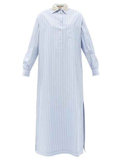 Gucci - Crystal-collar Striped Cotton Shirt Dress - Womens - Light Blue