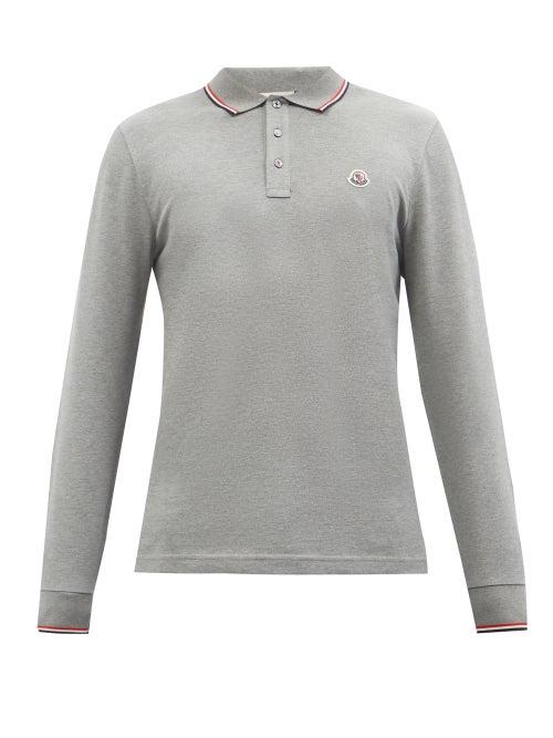 Moncler - Logo-appliqu Long-sleeved Cotton Polo Shirt - Mens - Grey