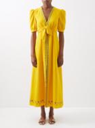 Saloni - Jamie Floral-embroidered Crinkled-cotton Dress - Womens - Mid Yellow