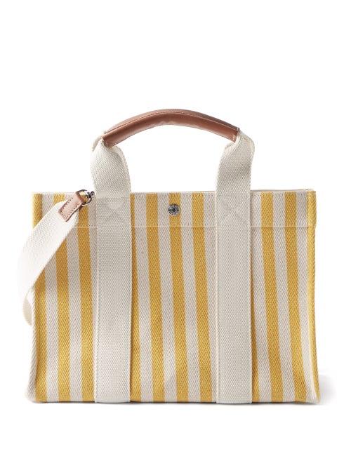 Rue De Verneuil - Tote M Striped Herringbone And Leather Tote Bag - Womens - Yellow White