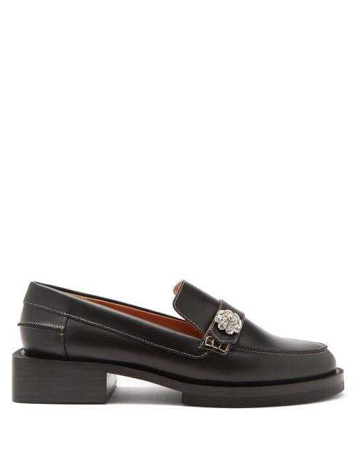 Ganni - Crystal-embellished Leather Loafers - Womens - Black