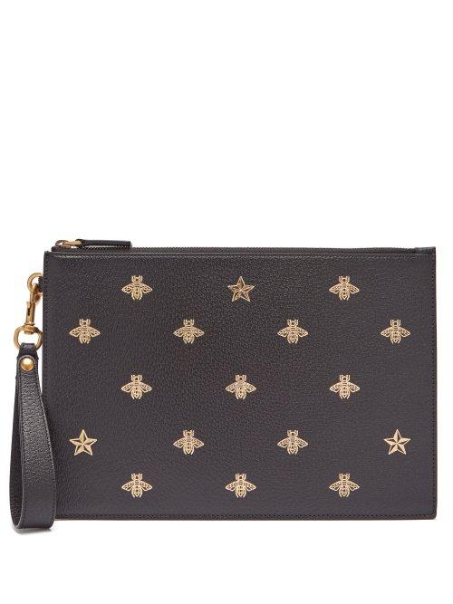 Matchesfashion.com Gucci - Bee Print Grained Leather Pouch - Mens - Black