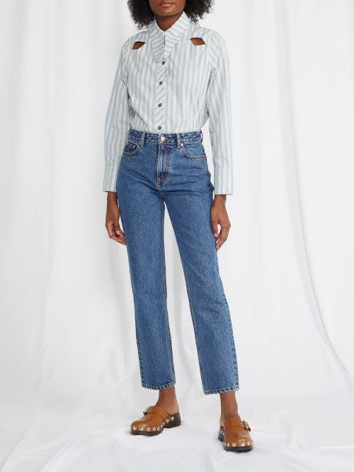 Ganni - Logo-patch High-rise Jeans - Womens - Mid Blue